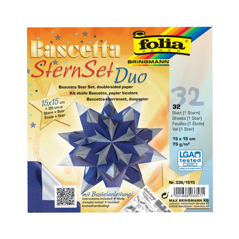 folia vouwpapier Bascetta-ster, 150×150 mm, blauw/zilver, 32 vel