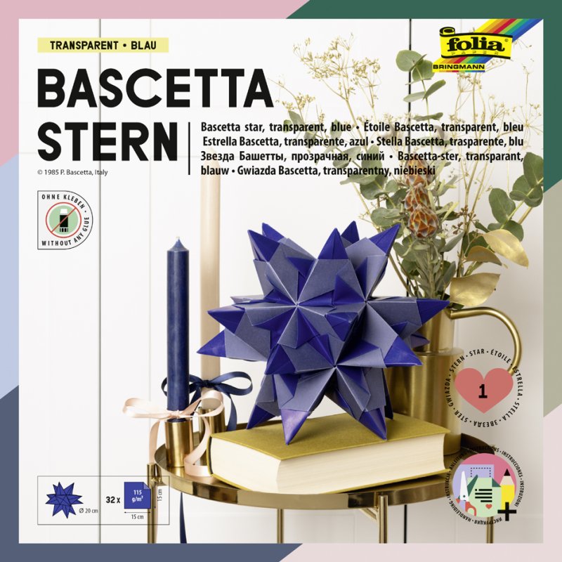 folia papier pliant étoile Bascetta, jaune transparent, 150×150 mm, 32 feuilles