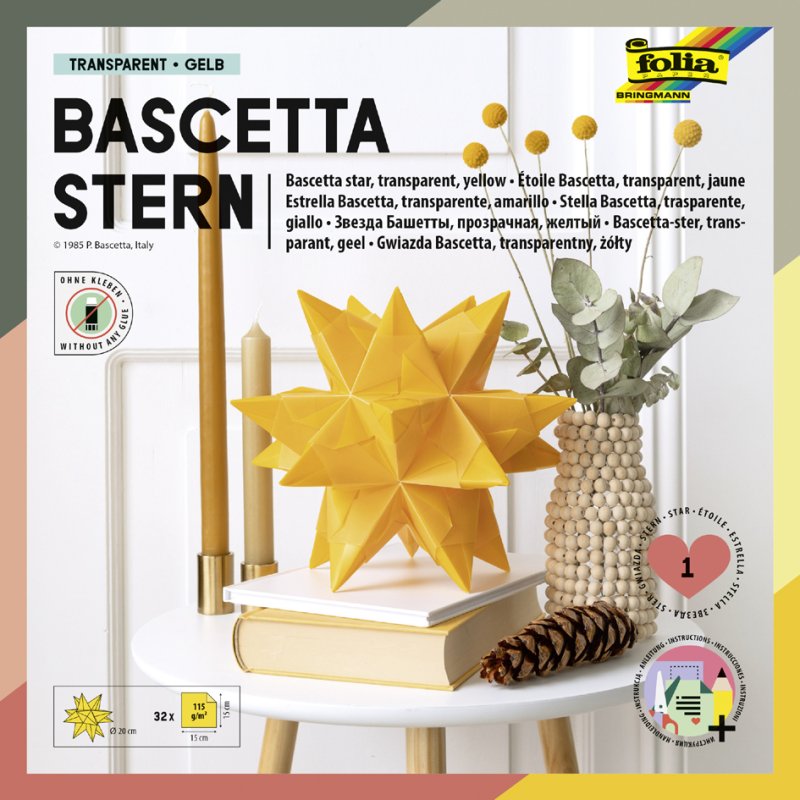 folia papier pliant étoile Bascetta, jaune transparent, 150×150 mm, 32 feuilles