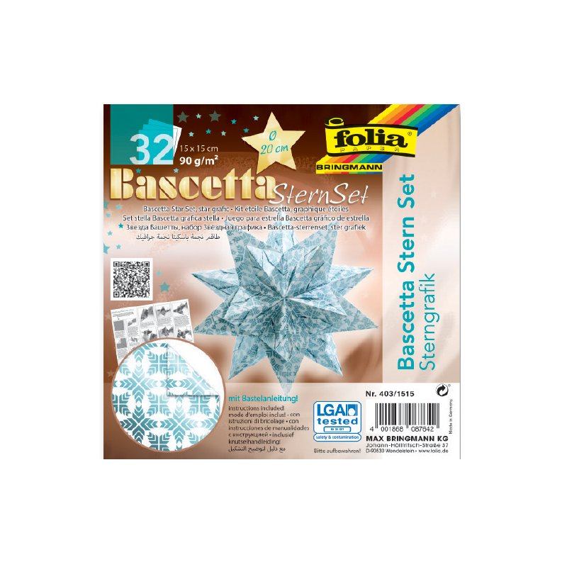 folia vouwblaadjes Bascetta-ster, wit met sterrenprint, 150×150 mm, 32 vel