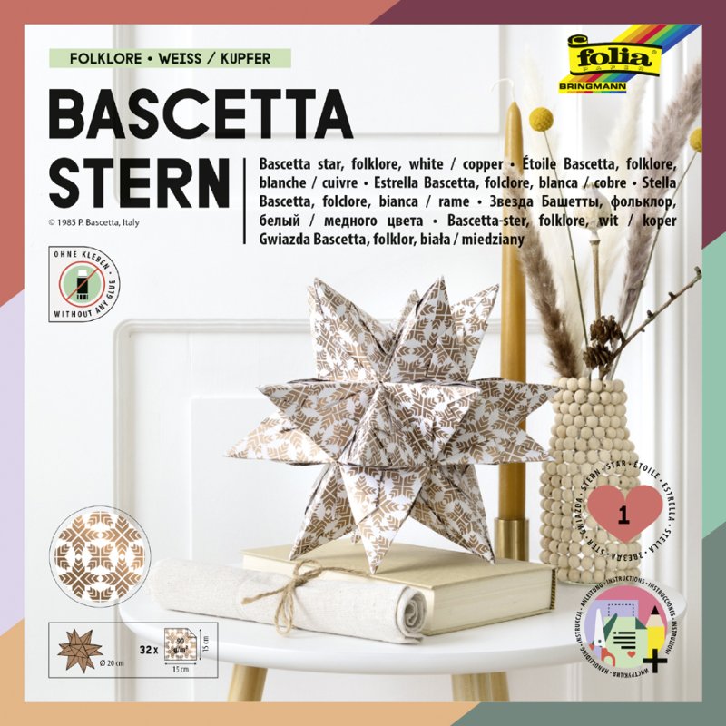 folia vouwblaadjes Bascetta-ster, wit met sterrenprint, 150×150 mm, 32 vel