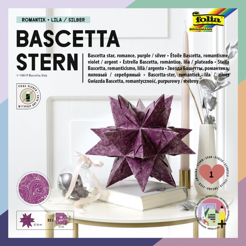 folia vouwpapier Bascetta-ster, paars met zilver winterornament, 150×150 mm, 32 vel