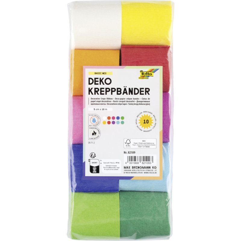 folia crêpepapier, 50 mm × 10 m, gekleurd gesorteerd, 10 stuks