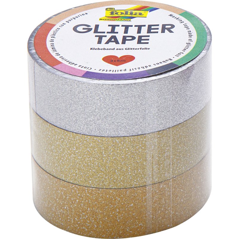 folia decoratief plakband glitter, zilver/lichtgoud/goud, 15 mm × 5 m, 3 rollen