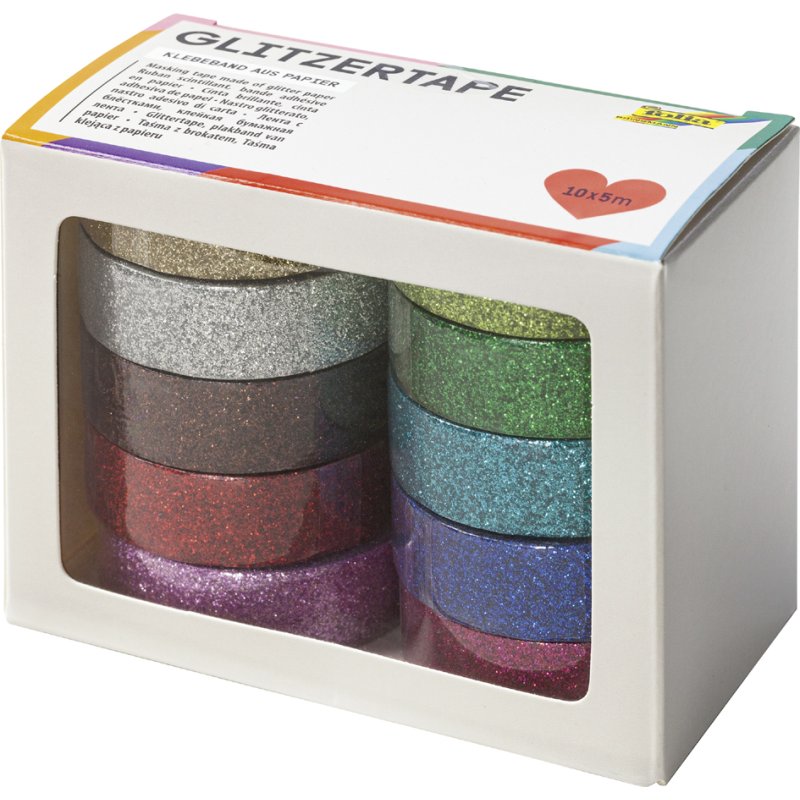 folia decoratie plakband glitter tape, 10 kleuren assortiment, 15 mm × 5 m, 10 rollen