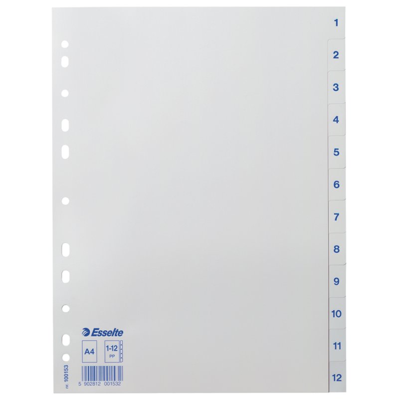 Esselte index tabs A4, 1-12, white plastic, 10 pieces