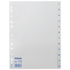 Esselte tabbladen A4, 1-12, wit kunststof, 10 stuks