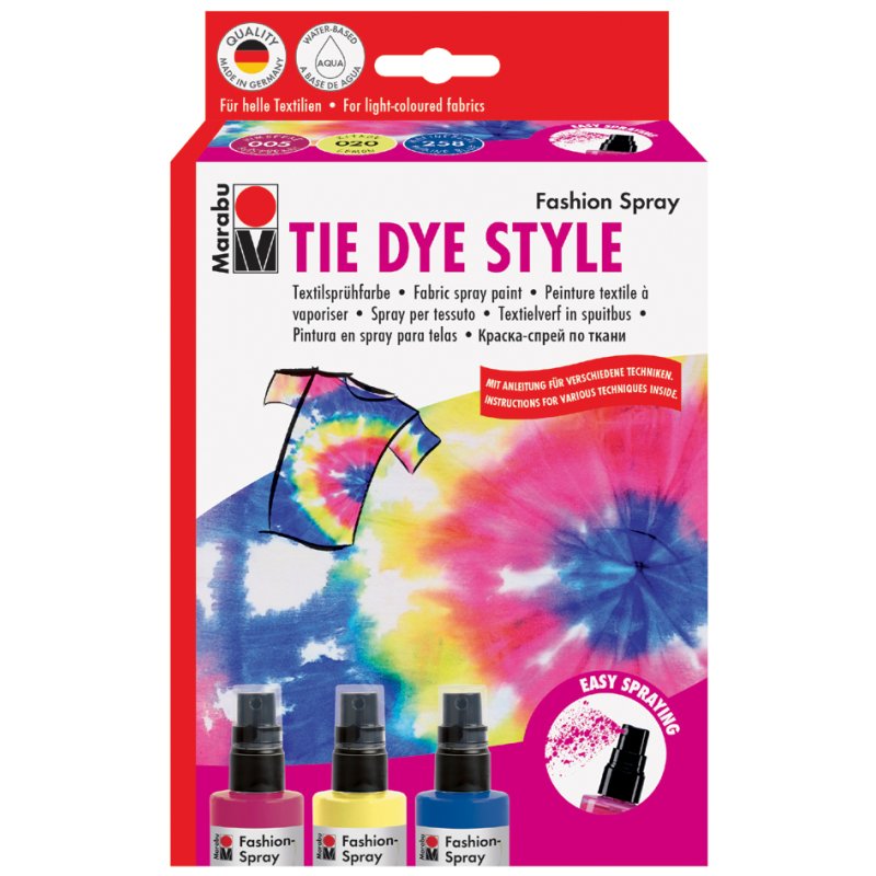 Marabu textielspuitverf Fashion-Spray, tie-dye set, 3×100 ml, framboos/citroen/marineblauw