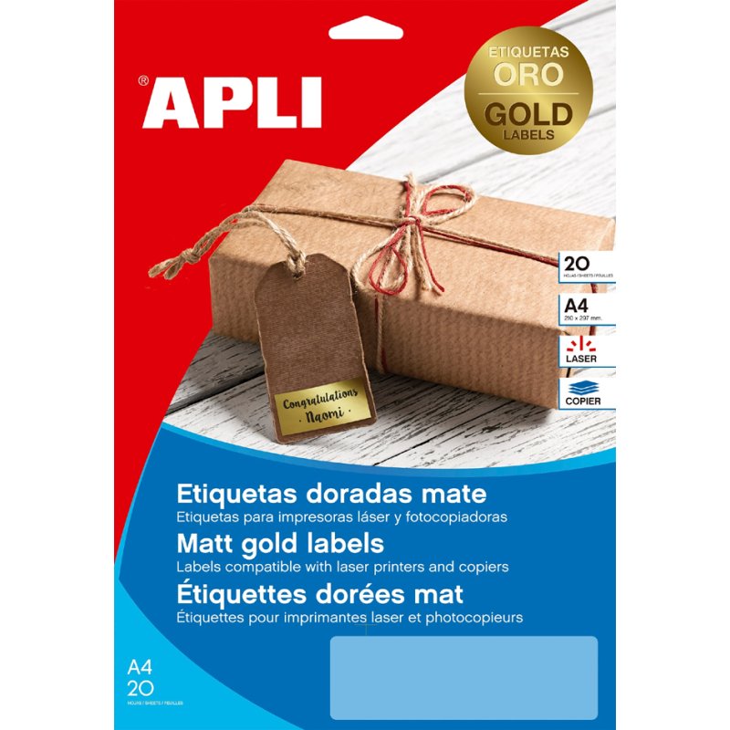 APLI feuilles d'étiquettes or, 38,1 × 21,2 mm, 1300 pièces, 20 feuilles A4