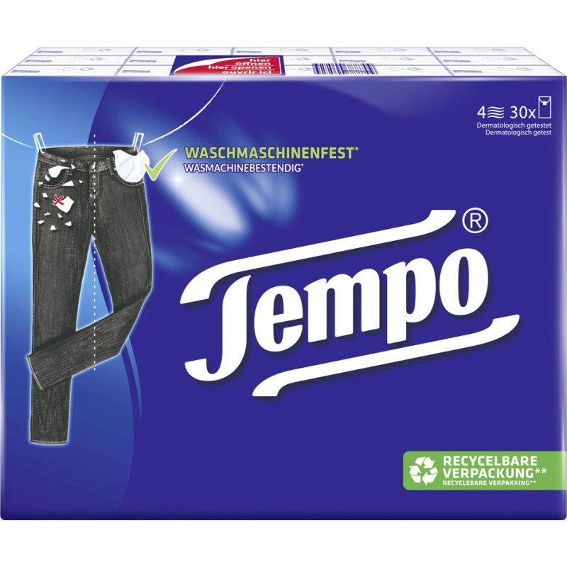 Tempo mouchoirs Classique, 4 plis, blanc, 30 paquets
