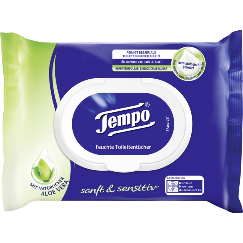 Tempo vochtige toiletdoekjes zacht & verzorgend, kamille, wit, 42 stuks