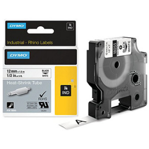 Dymo RHINO krimpkous, 12 mm × 1,5 m, zwart/wit