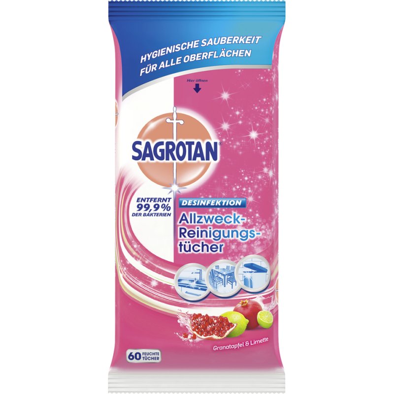 SAGROTAN lingettes nettoyantes tous usages grenade & citron vert, antibactérien, 60 pièces