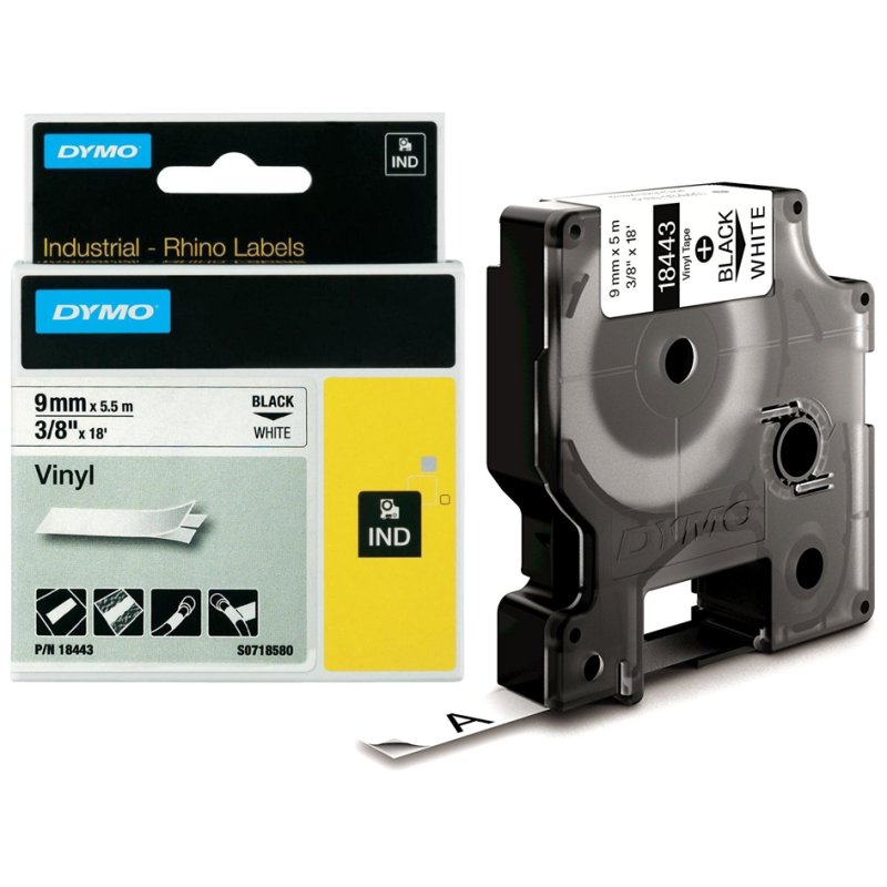 Dymo vinyllabel 24 mm, geel, zwarte tekst, 5,5 m