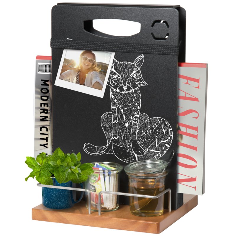 Securit chevalet de table TABLE CADDY, avec tableau noir, socle en bois, inclus marqueur blanc