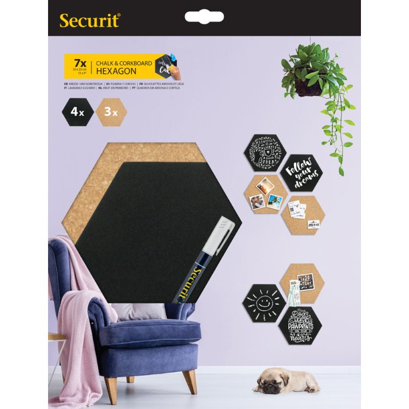 Securit tableau noir & panneau perforé hexagon, 155×179 mm, 7 pièces