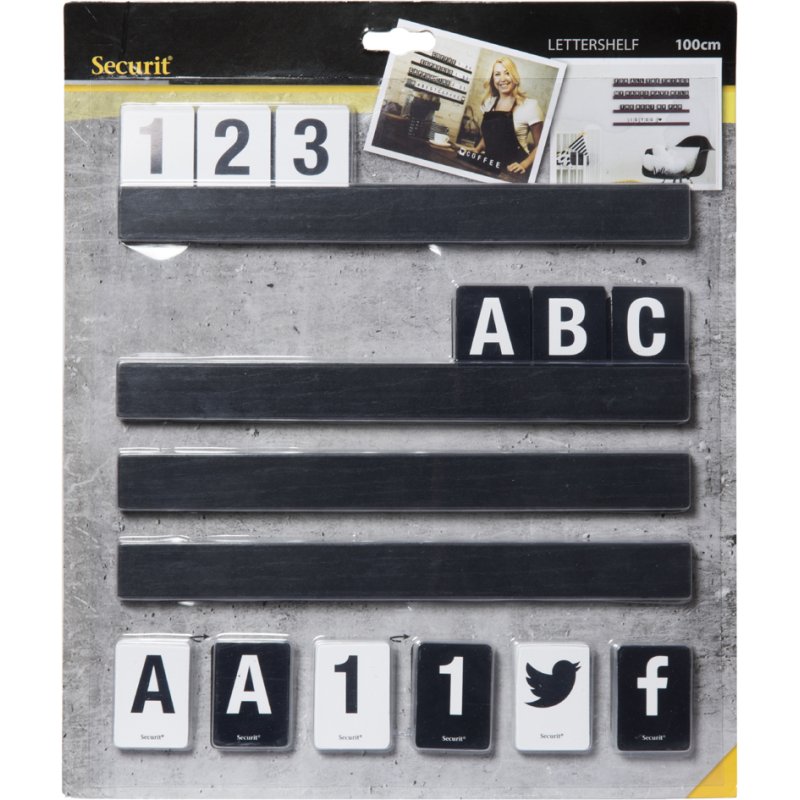 Securit letterrail LETTER SHELF, zwart, 4 strips à 250 mm, 169-delig letterset