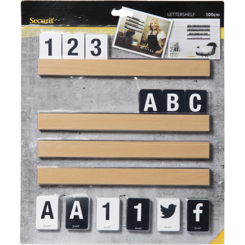 Securit letterrail LETTER SHELF, zwart, 4 strips à 250 mm, 169-delig letterset