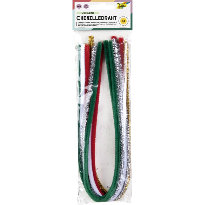 folia chenille pijpenragers Kerst, 500 mm, 5 kleuren, 10 stuks