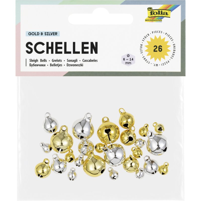 folia metalen belletjes, 3 maten geassorteerd, goud en zilver, 26 stuks