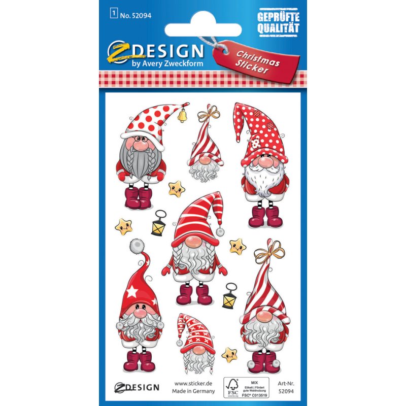 AVERY Zweckform kerststickers kabouterfiguren, permanent hechtend, 1 vel à 7 stickers