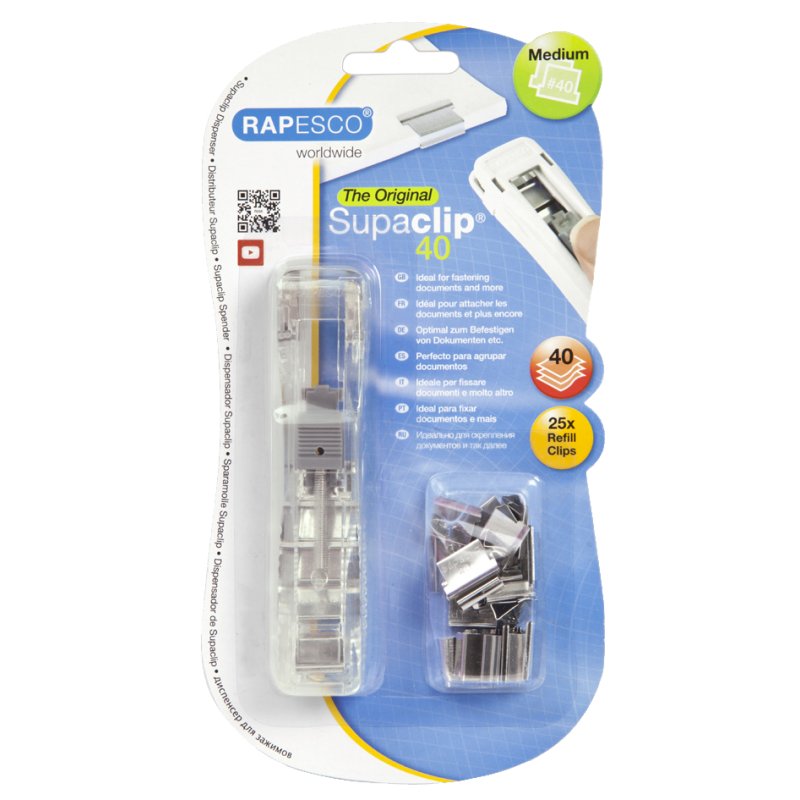 RAPESCO distributeur de clips Supaclip 40, transparent, 2-40 feuilles, réutilisable
