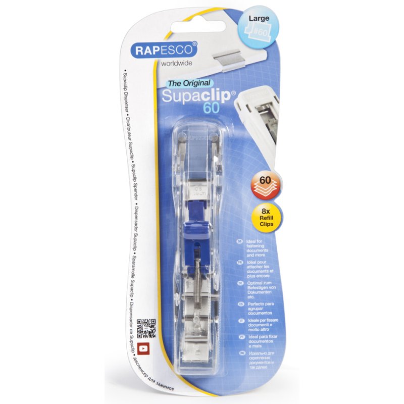 RAPESCO documentklem dispenser Supaclip 60, transparant, 10-60 vel, herbruikbaar