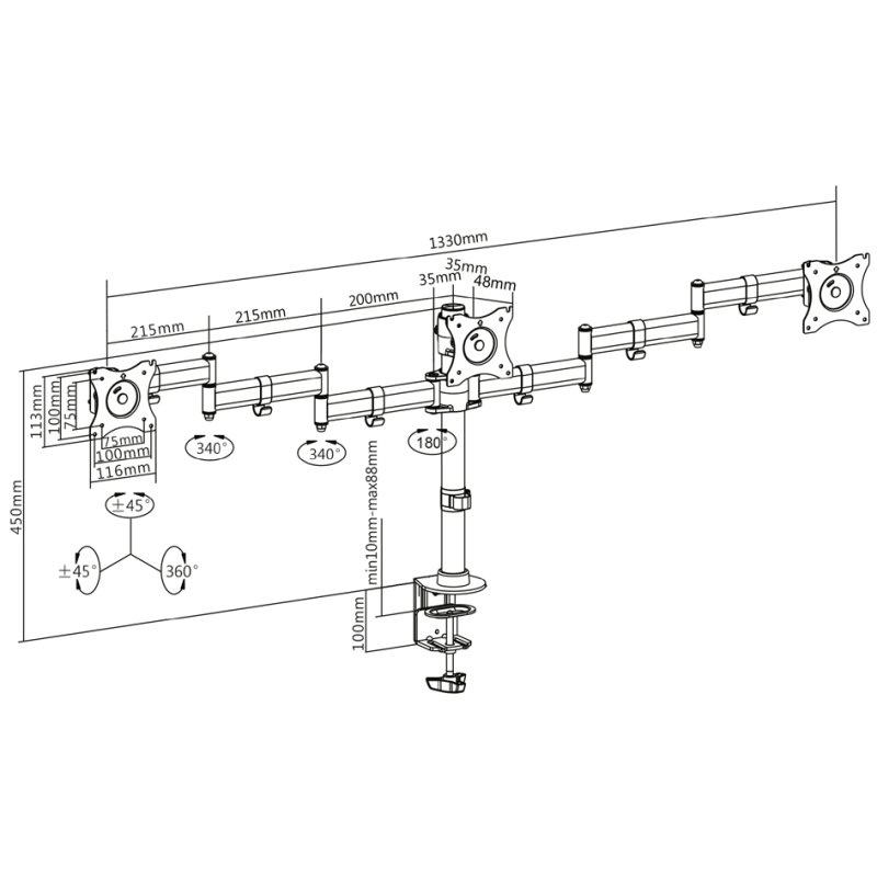DIGITUS monitorarm triple LCD/LED/TFT, zwenkbaar, zwart, tot 69 cm