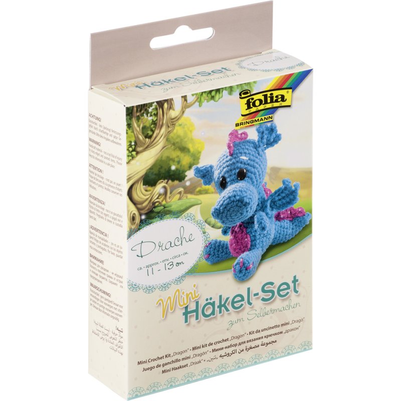 folia haakset draakje, turkoois en magenta, compleet met naald en vulling