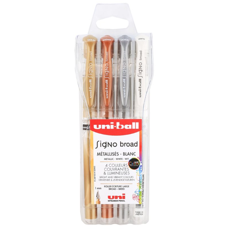 uni-ball gelrollerpen SIGNO broad UM-153, 4 stuks, goud/zilver/wit/brons