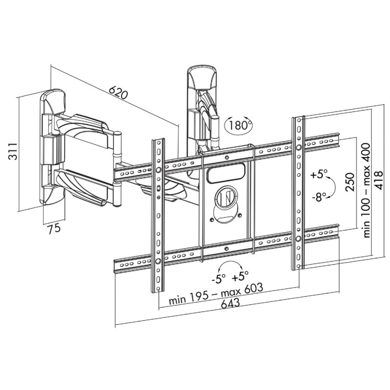 LogiLink Support mural TV orientable complet, 37-70 pouces, max 45 kg