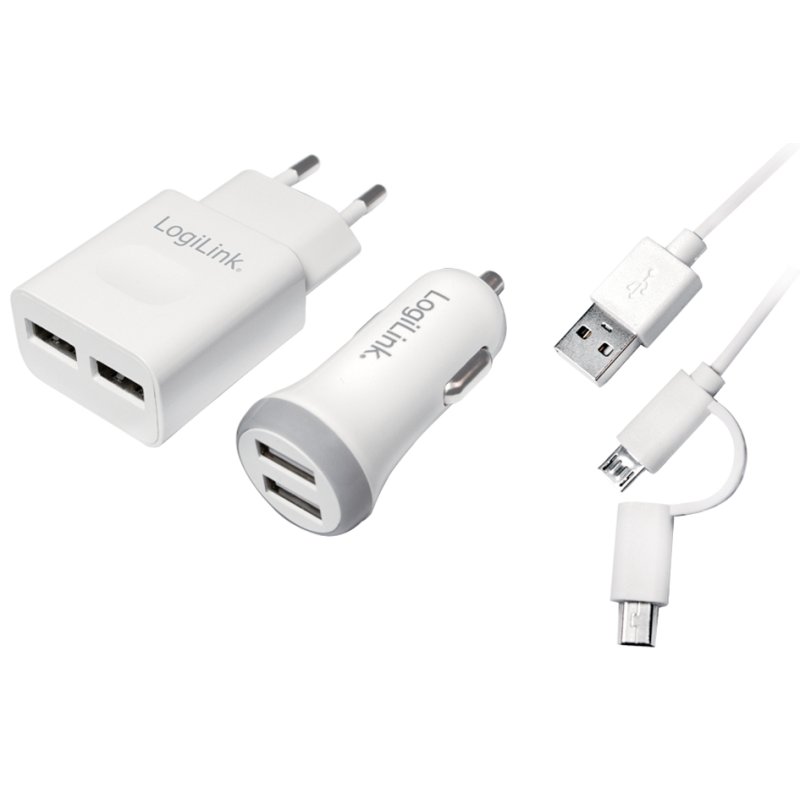 LogiLink Chargeur USB, 2 pièces, voiture et prise murale, blanc