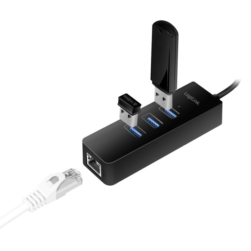 LogiLink USB 3.0 to Gigabit adapter, 3-port USB hub, black