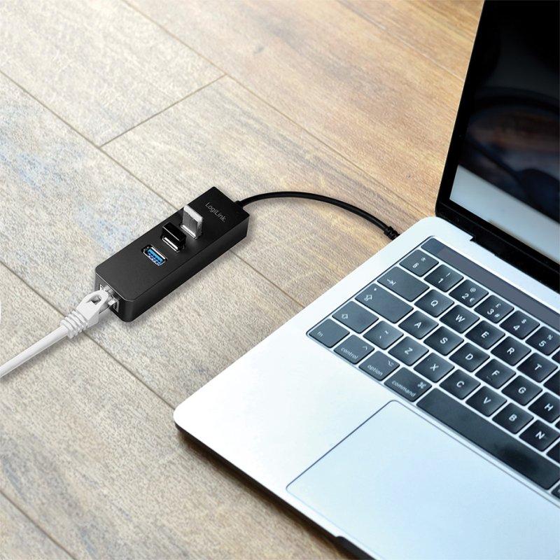 LogiLink USB 3.0 to Gigabit adapter, 3-port USB hub, black