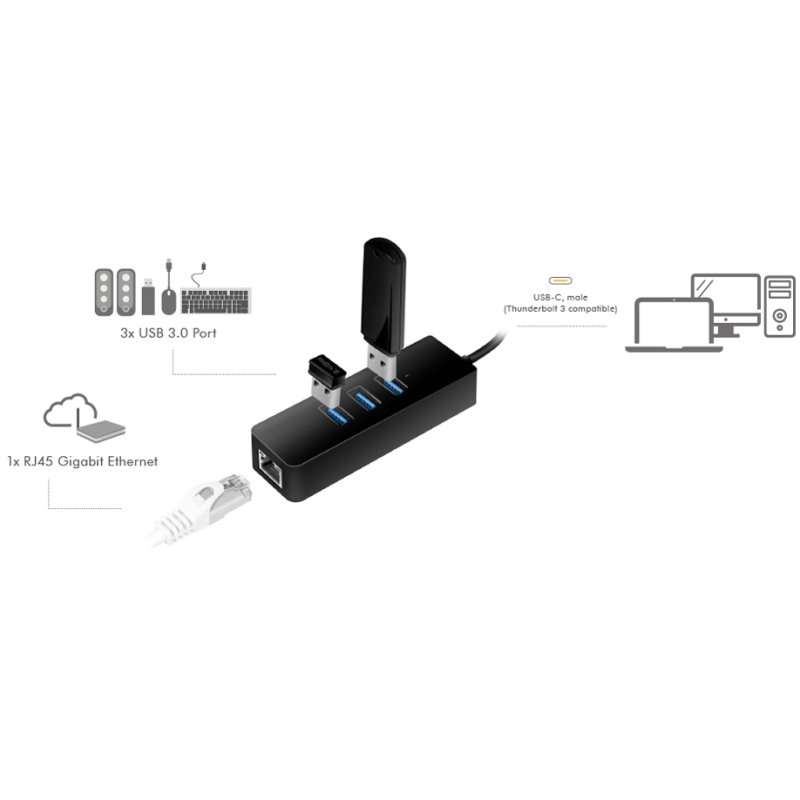 LogiLink USB 3.0 to Gigabit adapter, 3-port USB hub, black