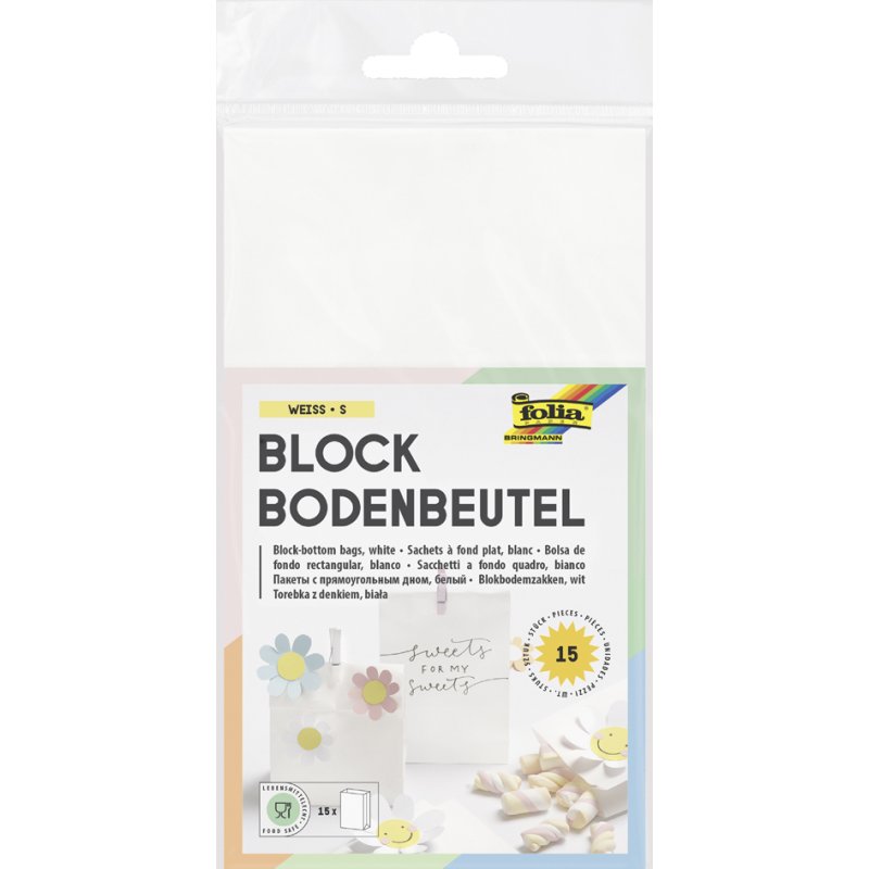 folia papieren zakjes met blokbodem, wit, 100×55×175 mm, 15 stuks