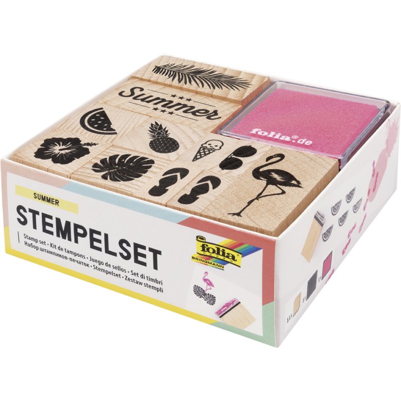 folia houten zomerse stempelset, 11 stempels, 2 stempelkussens, 13 stuks