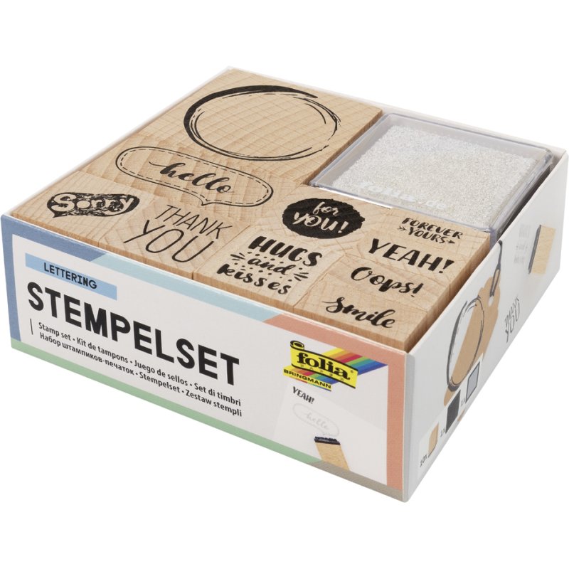 folia letteringstempel set, hout, 12-delig, 2 stempelkussens