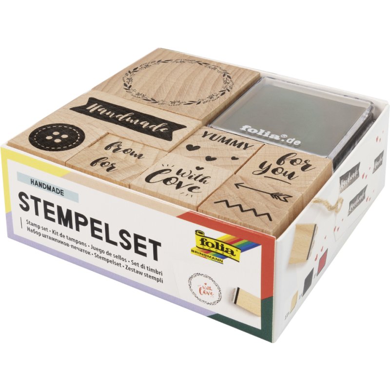 folia houten stempels set Handgemaakt, 13 stuks, 2 stempelkussens