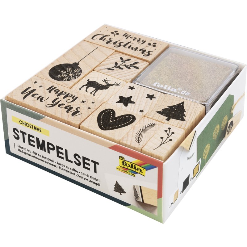 folia houten stempelset Christmas, kerstmotieven, zwart en goud, 12-delig