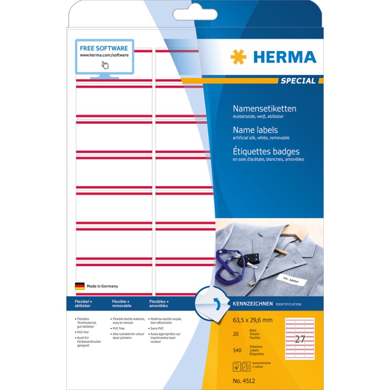 HERMA étiquettes de nom textile, 63,5 × 29,6 mm, bordure rouge, 540 pièces