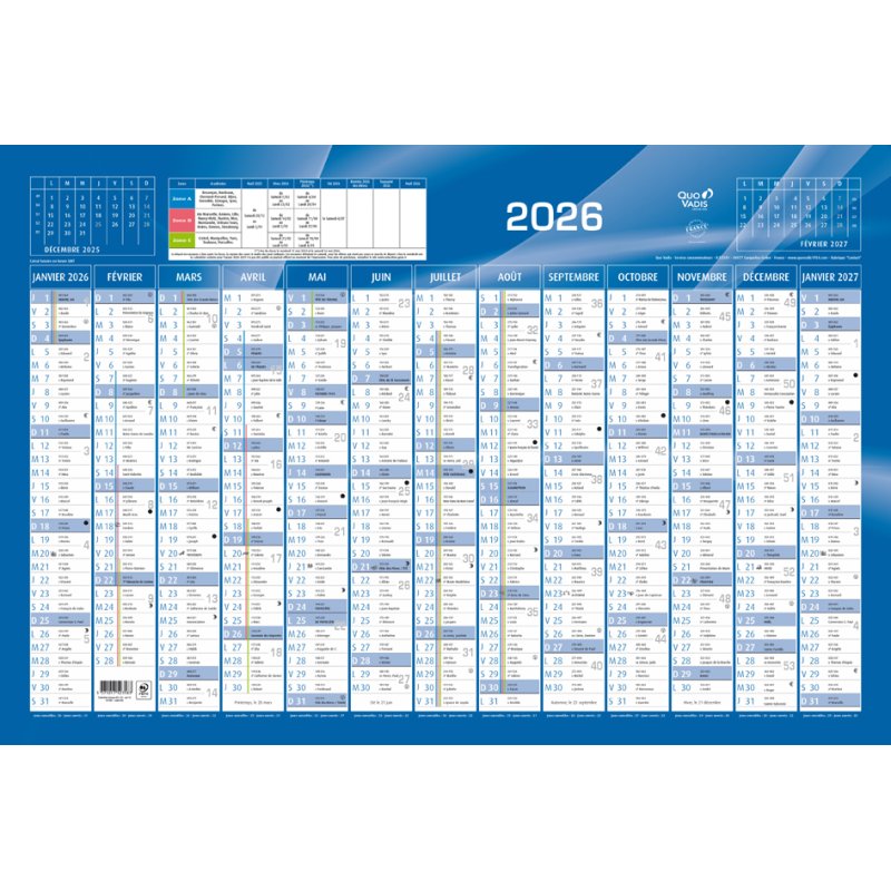 QUO VADIS calendrier 2026, horizontal, bleu, 650×430 mm