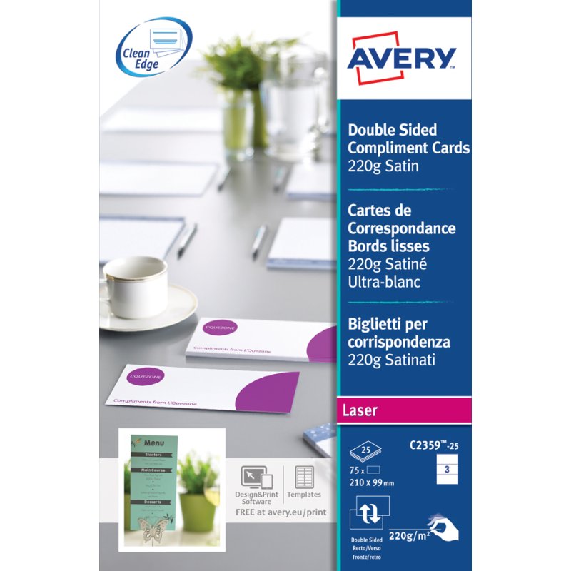 AVERY correspondence cards Quick & Clean, 210×99 mm, ultra white, 75 pieces
