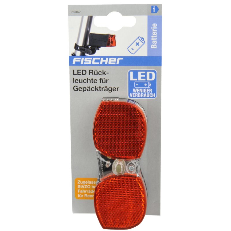 FISCHER Bicycle LED Rear Light for Luggage Rack, Battery Indicator, 3 LEDs, Batteries Included