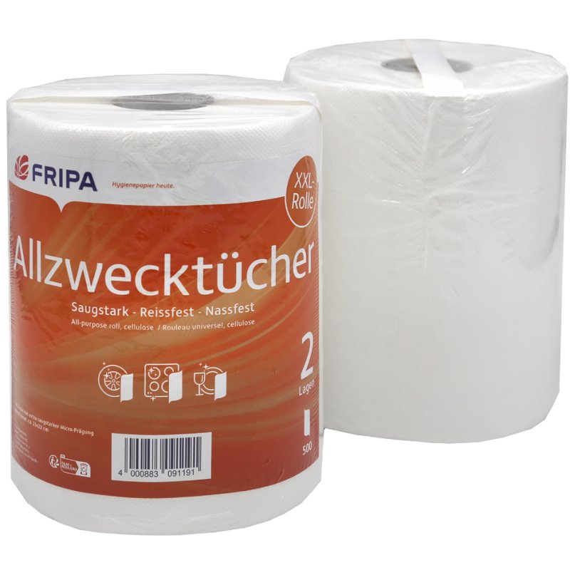fripa lingettes de nettoyage universelles en rouleau, blanc, 2 plis, 500 feuilles