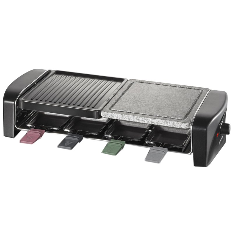 SEVERIN Raclette-Grill avec Pierre Naturelle, 8 petits Poêles Colorés, 1400 Watt