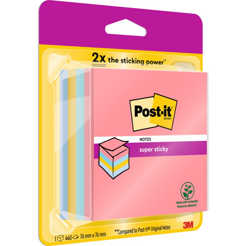 Post-it Super Sticky notes, 76×76 mm, couleur, 440 feuilles