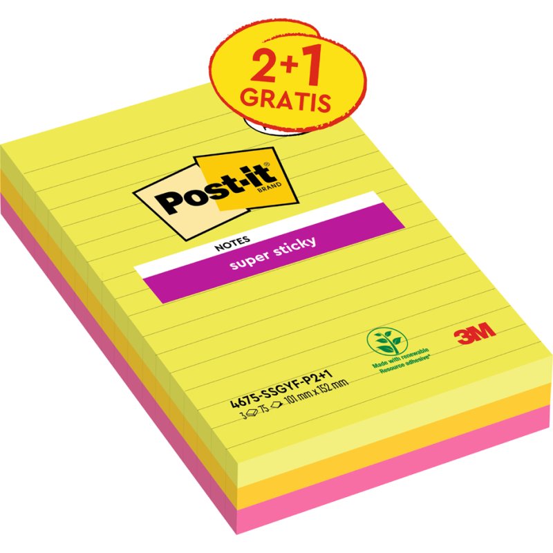 Post-it Super Sticky notes adhésives, lignées, 101×152 mm, 6 blocs couleur