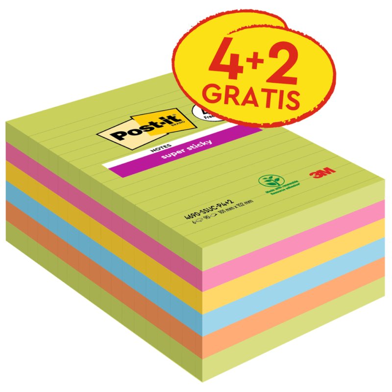 Post-it Super Sticky notes adhésives, lignées, 101×152 mm, 6 blocs couleur