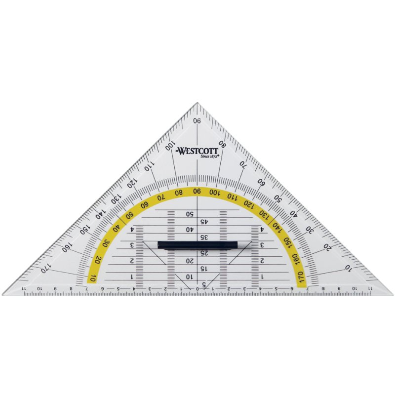 WESTCOTT équerre à calcul, transparent, hypoténuse 220 mm, avec poignée